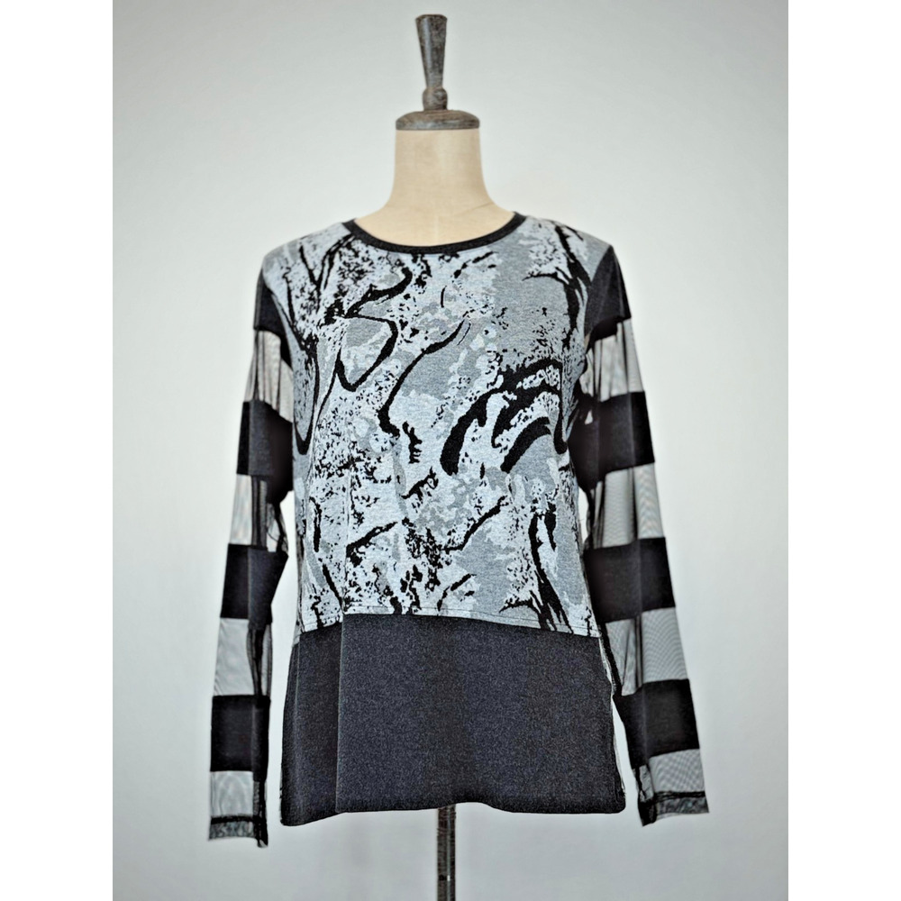 NWT Sassy #12201 Gray Black Long Mesh Sleeve Top / Tunic XS #0236